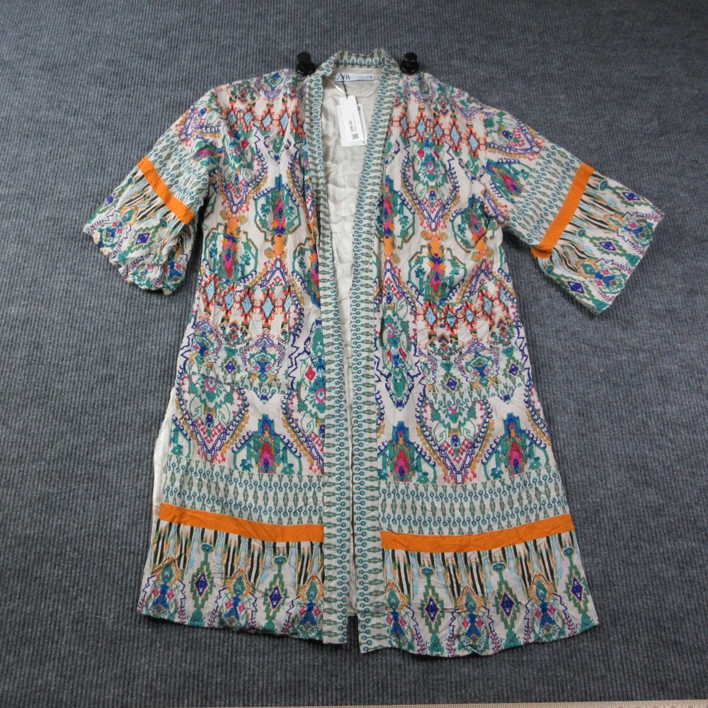ZARA Coatigan Womens L Off-White Green Kimono Fringe Long Lined Open Pockets NWT